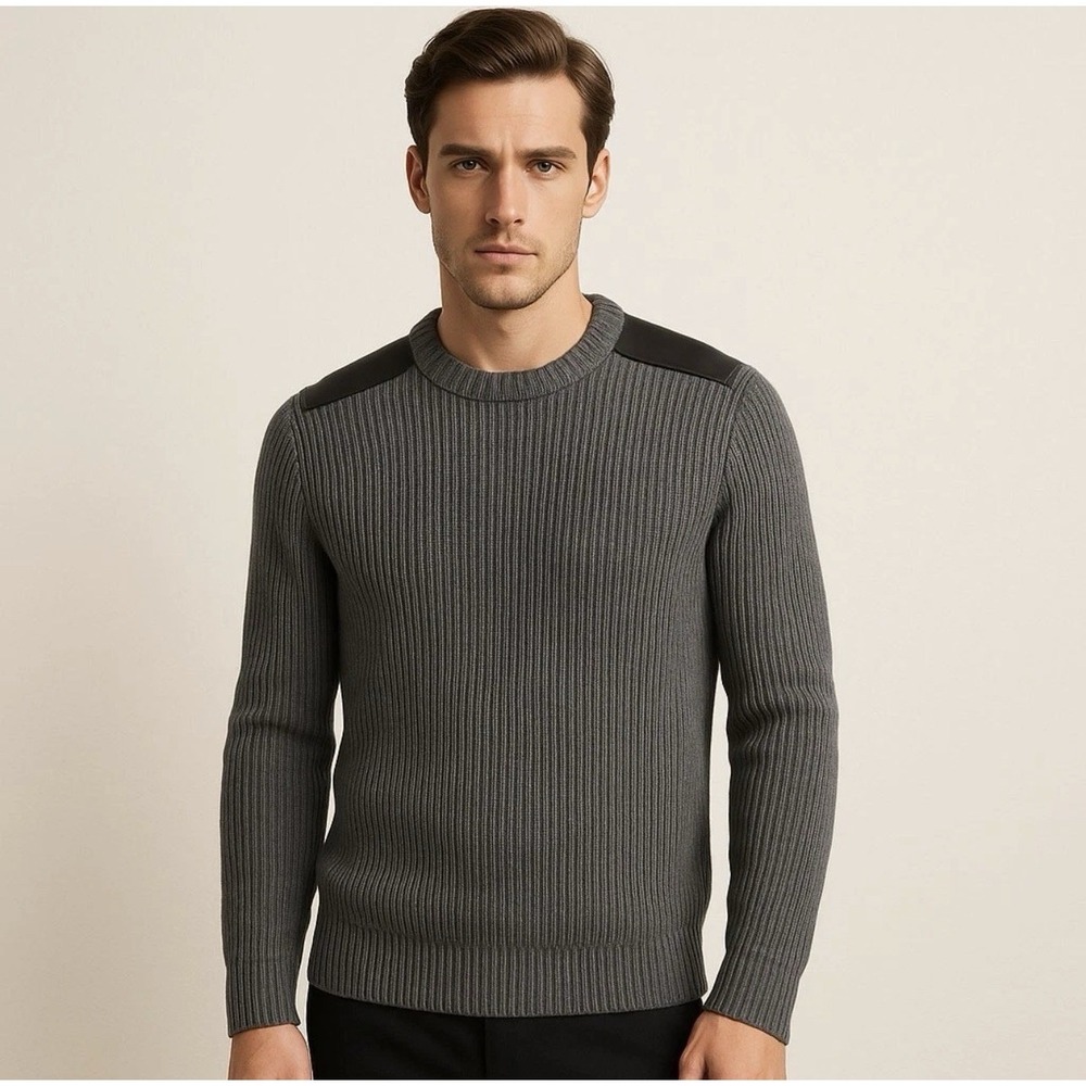 Vince Men's Cotton Ribbed knit Crew Sweater leather shoulder‎ patch L